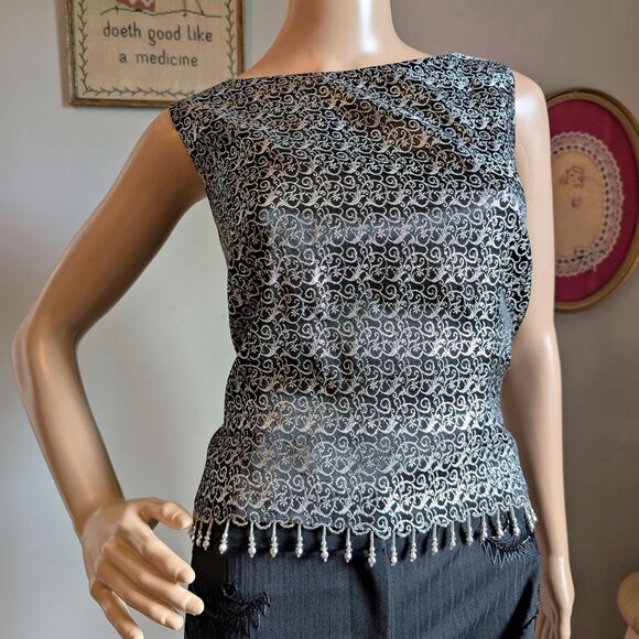 Vintage 90s Cachet Beaded Top Fringe Evening Cocktail Whimsigoth Silver Size 12 - Picture 4 of 12